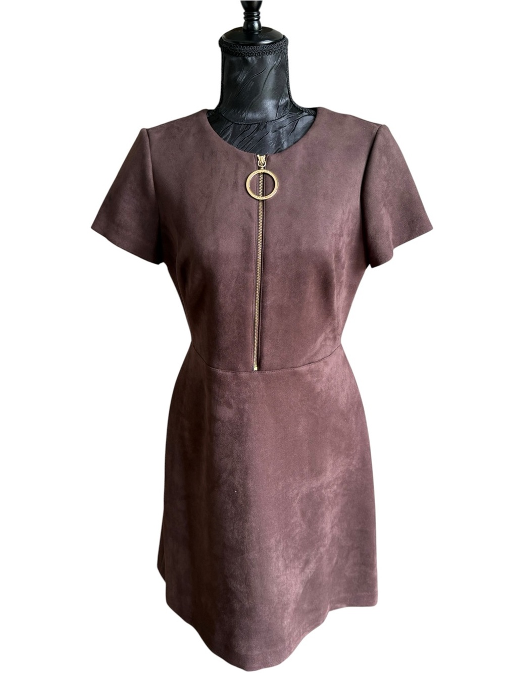 Calvin Klein Size 8 Faux Suede Brown Sheath Dress Gold Ring Zip